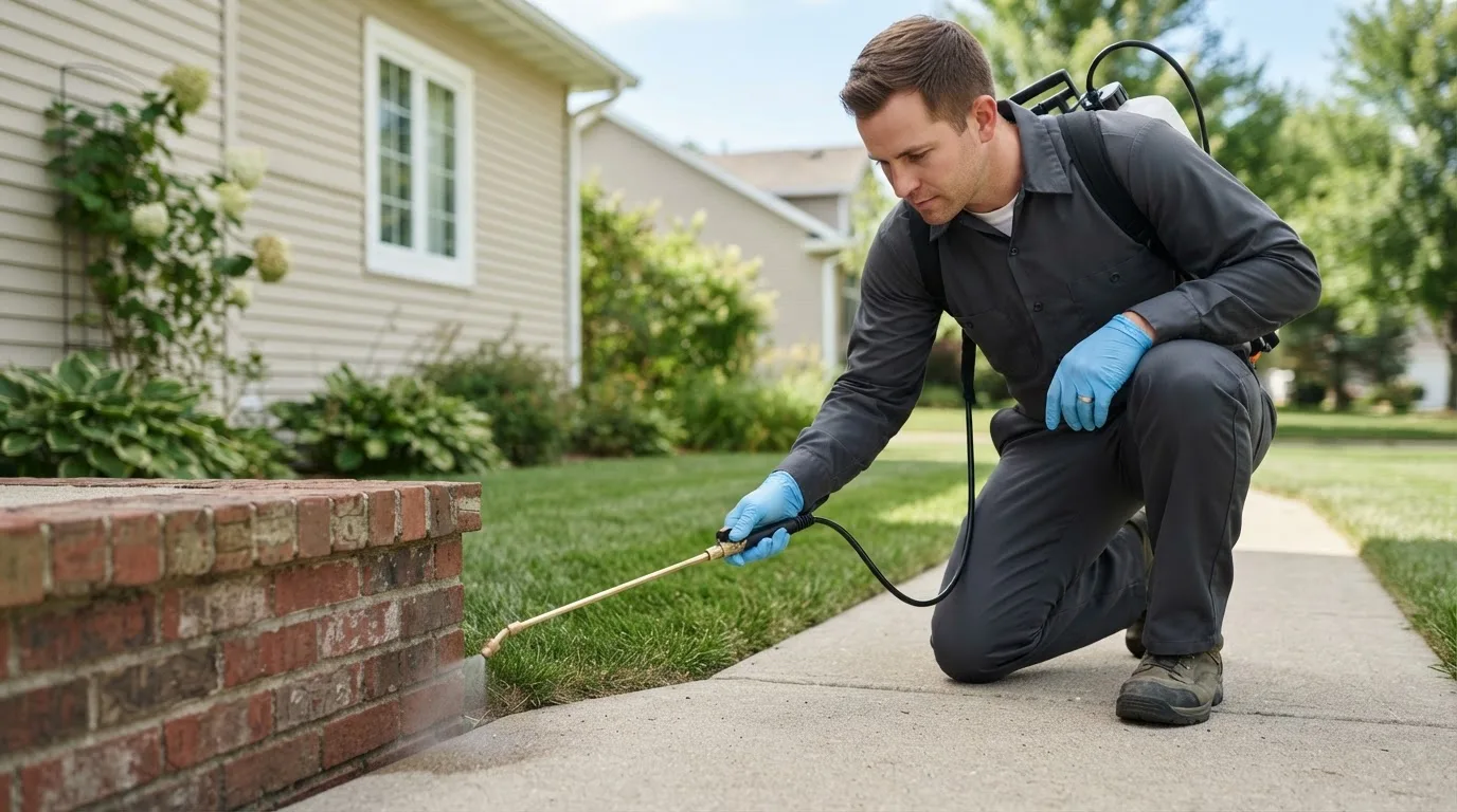 Pest control technician treating a home near Lathrop, MO